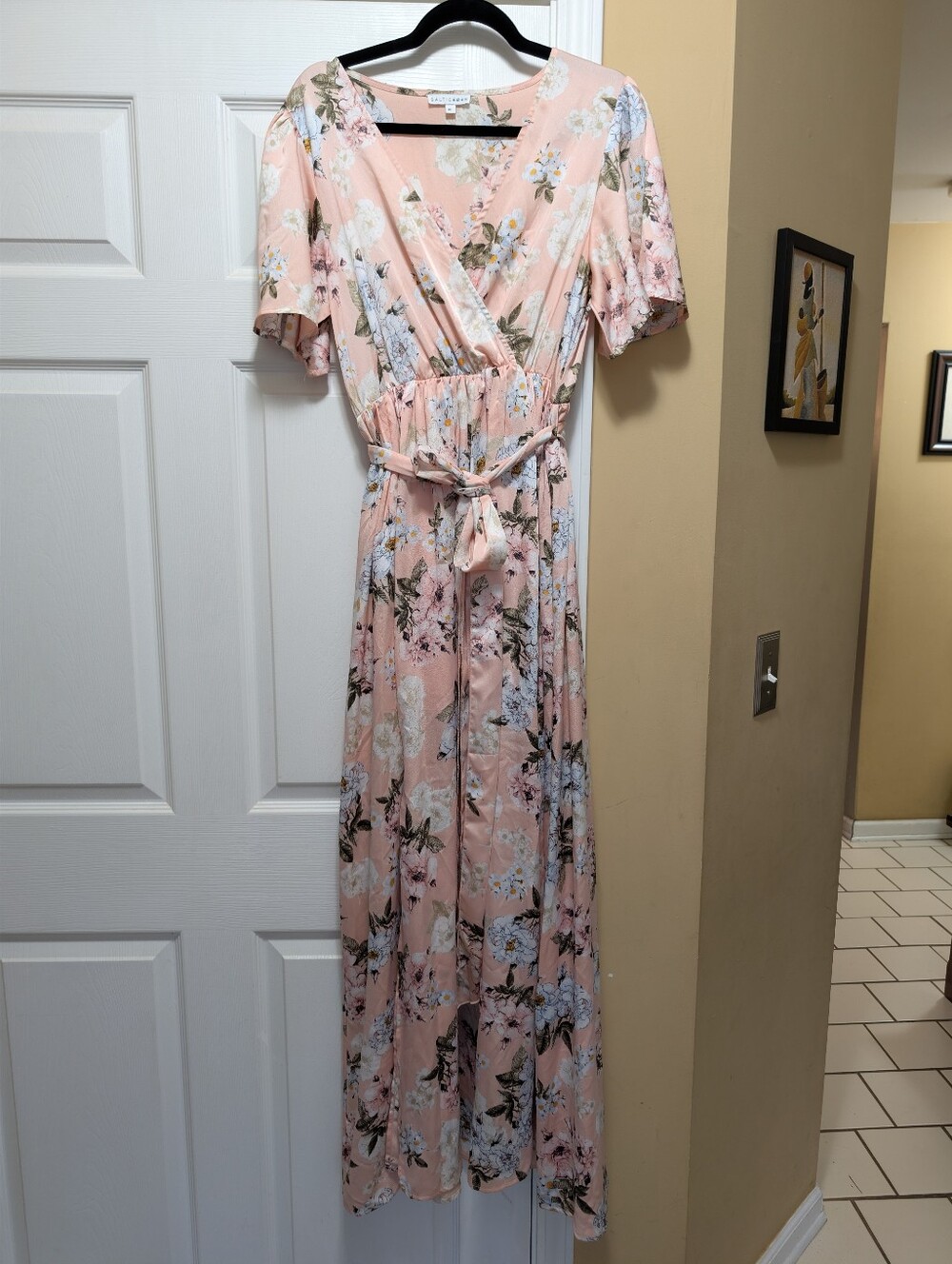 Baltic Born Soft Pink Floral Satiny Surplice V Neck Flutter Sleeve Belted Slit
